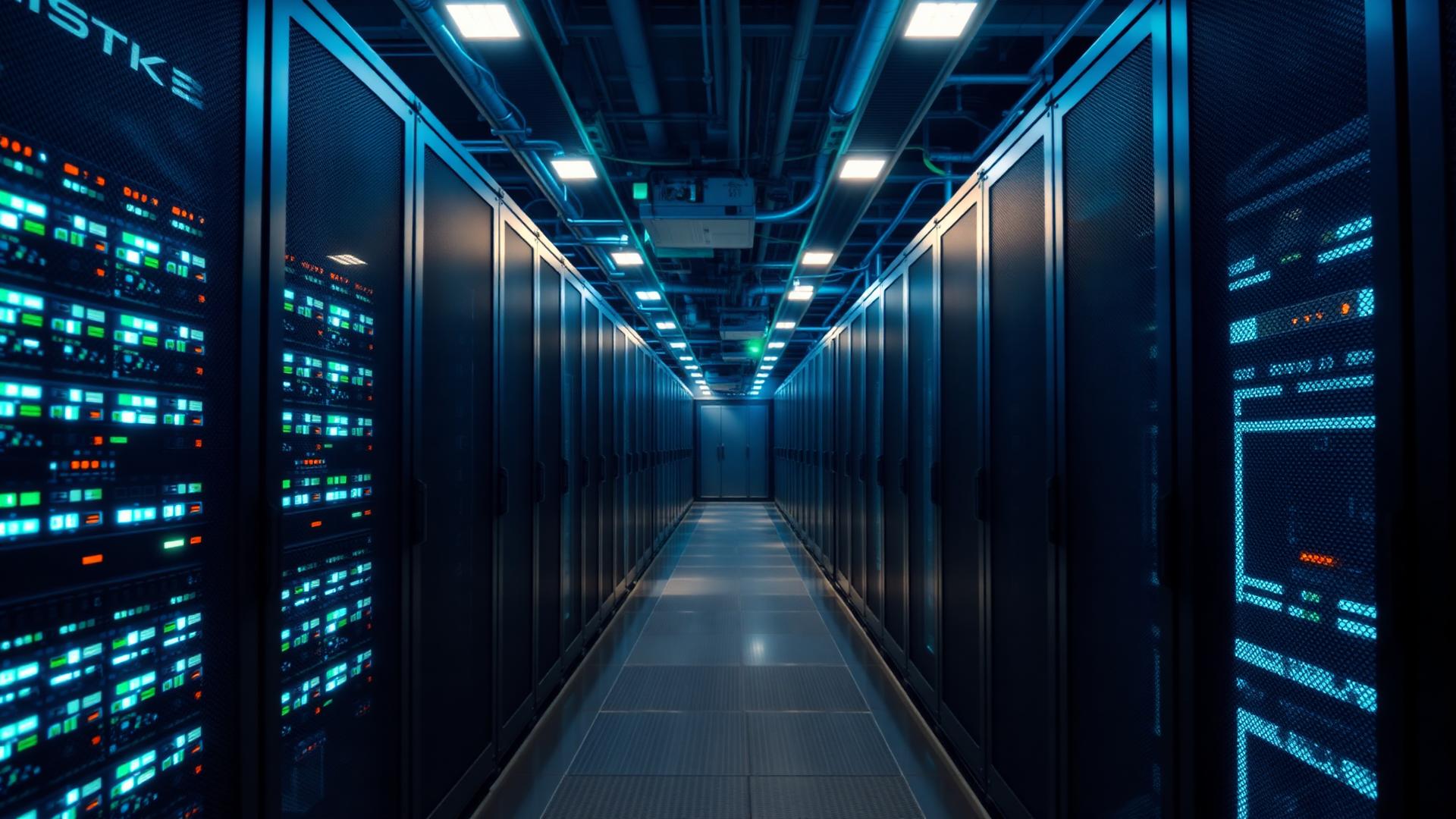Allée de baies serveurs dans un data center moderne